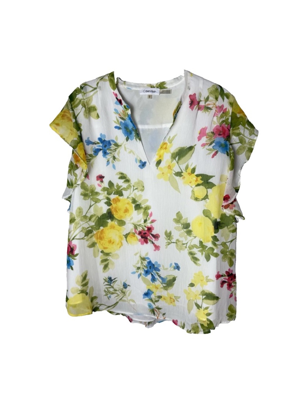 Calvin Klein Blouse Size Large Top Short Flutter Sleeves Floral Lined V-Neck